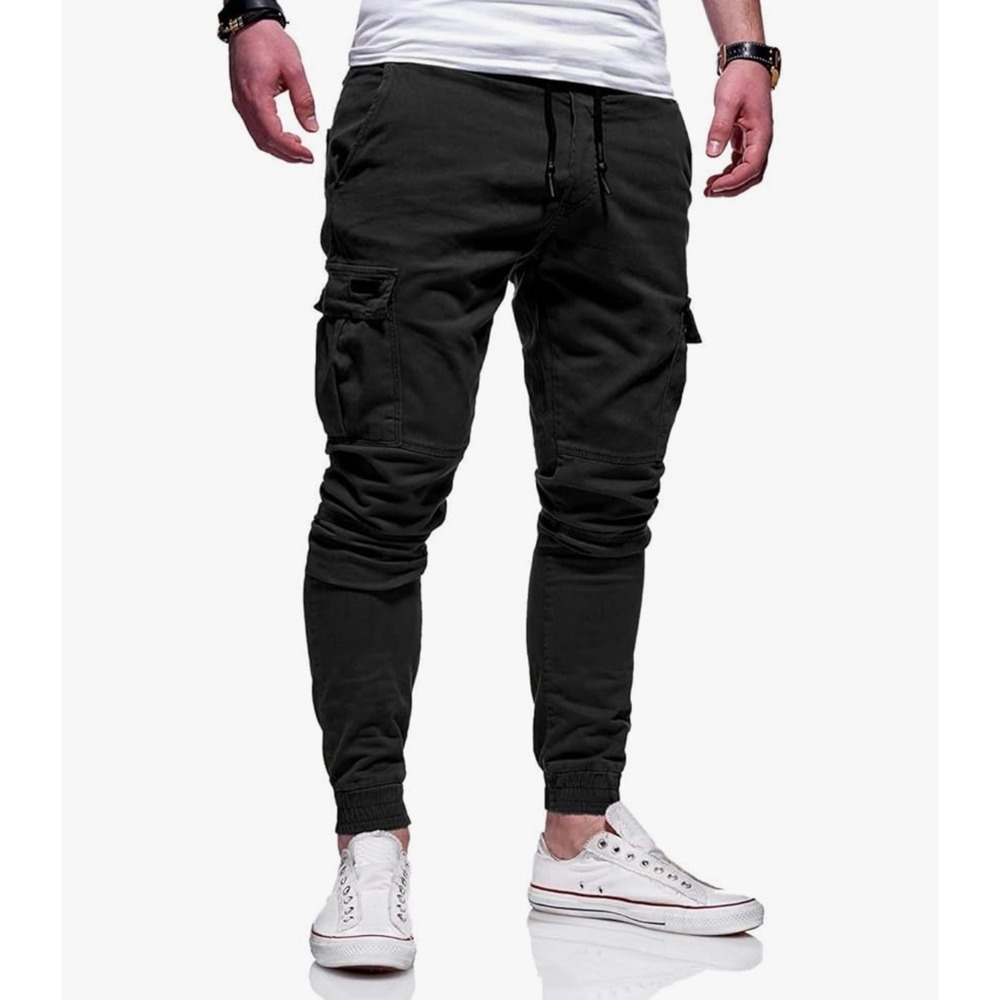 Mens Black Cargo Jogger Pants Slim Fit Tactical Utility Streetwear Sweatpants